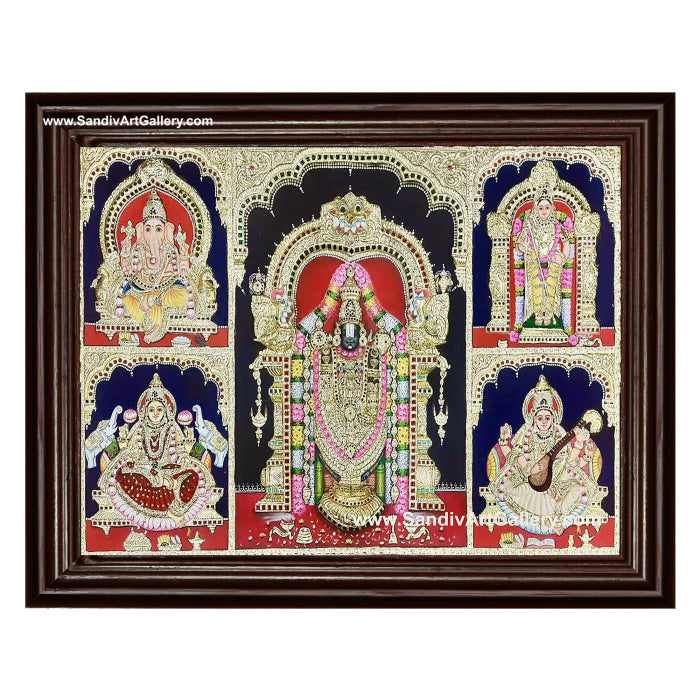 Balaji Vinayaka Lakshmi Saraswathi and Murugan- 5 God Panel Semi Embossed Tanjore Painting