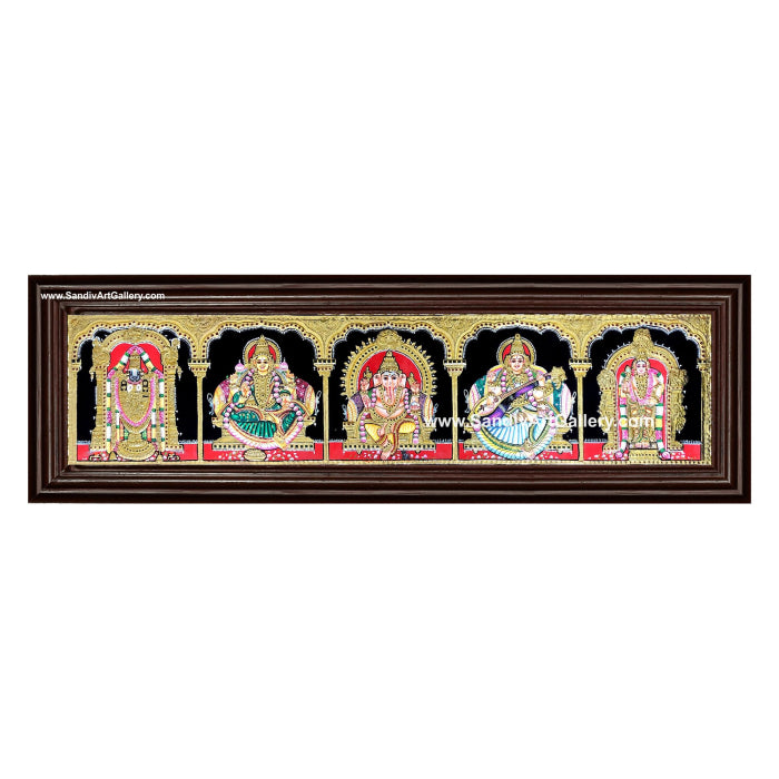 Vinayagar Lakshmi Saraswathi Venkateshwara and Karthikeyan- 5 Panel Tanjore Painting