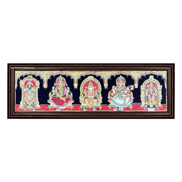 Vinayagar Lakshmi Saraswathi Venkateshwara and Karthikeyan- 5 Panel Tanjore Painting