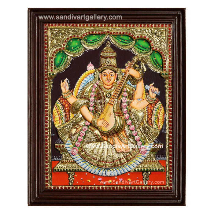 Saraswathi Devi 3D Embossed Tanjore Painting 2