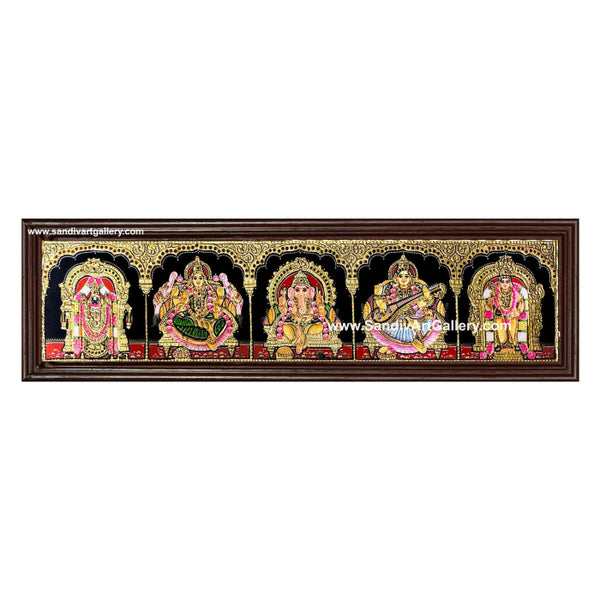 Vinayaka Lakshmi Saraswati Venkateshwara and Subramanya Swamy - 5 Panel Tanjore Painting 1