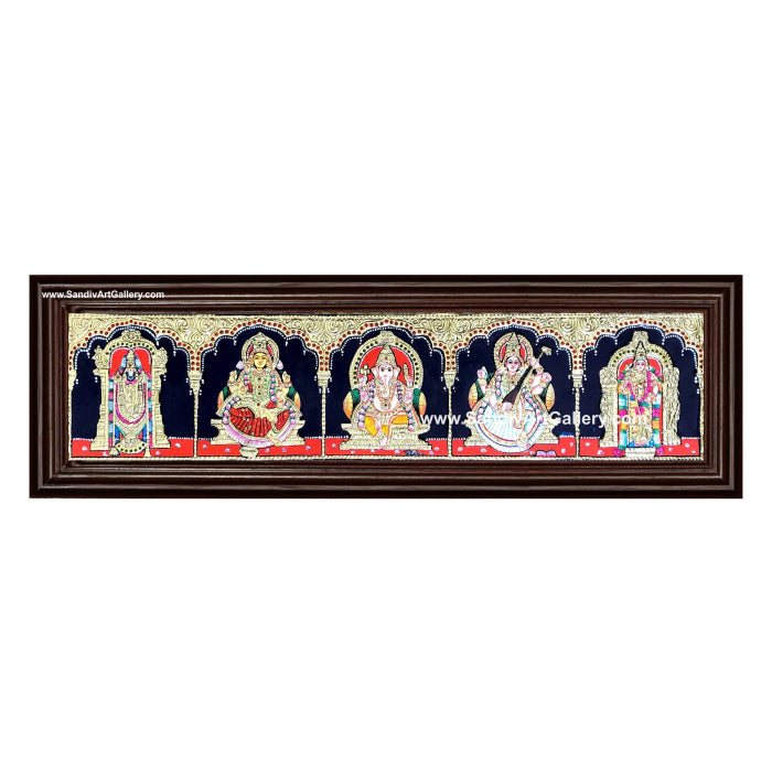 Vinayagar Lakshmi Saraswati Perumal and Murugan- 5 God Panel Tanjore Painting