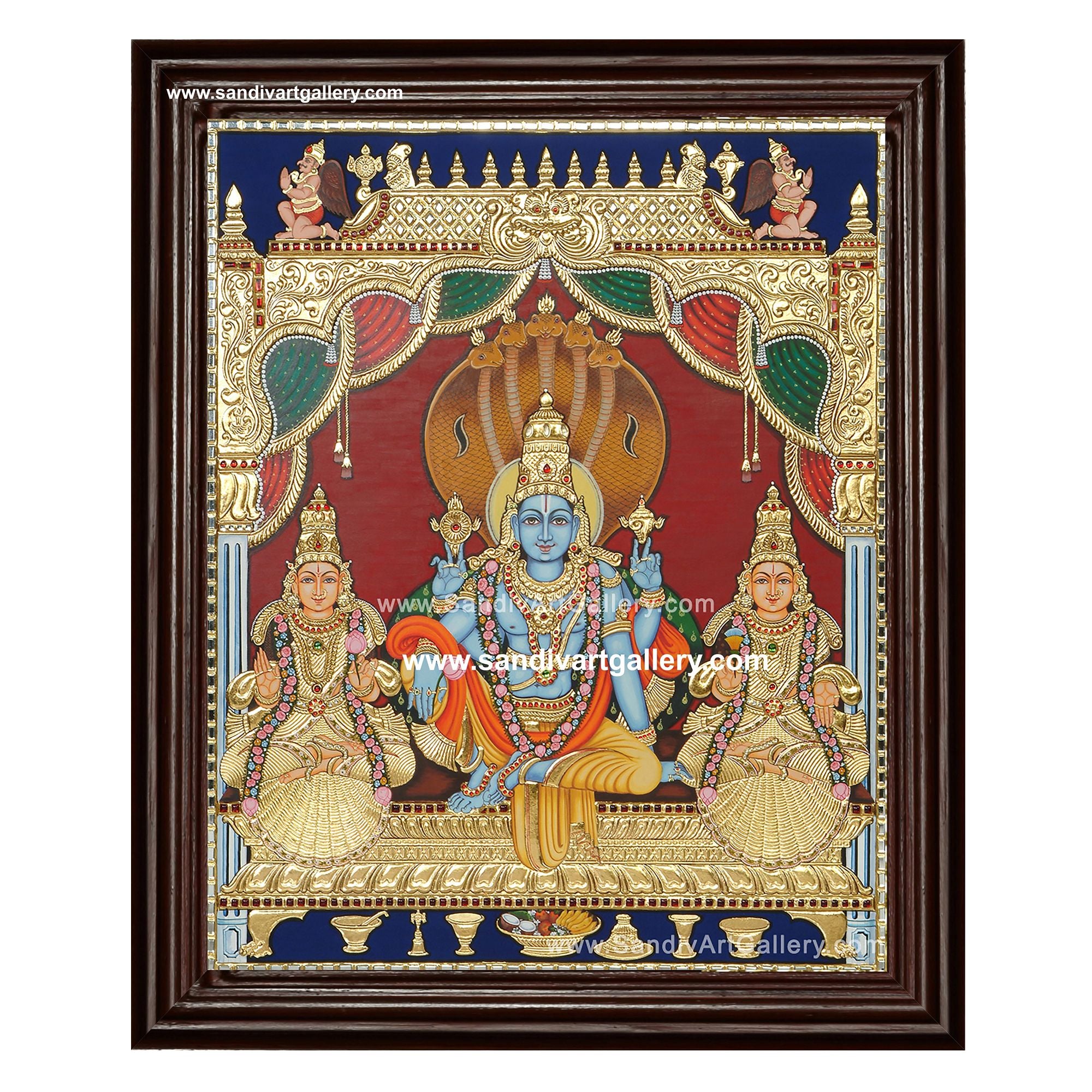 Vishnu Sri Devi Bhoo Devi Tanjore Painting 1