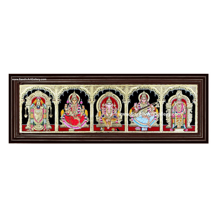 Ganesha Lakshmi Saraswati Venkateshwara and Subramanya Swamy - 5 Panel Tanjore Painting