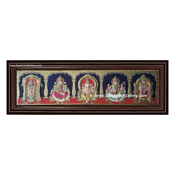 Vinayagar Lakshmi Balaji Saraswathi and Murugan- 5 Panel Pooja 2D Embossed Tanjore Painting