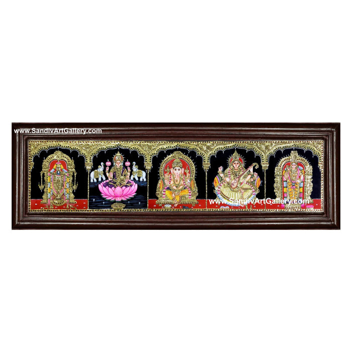 Vinayagar Venkateshwara Murugar Gaja Lakshmi and Saraswati on Lotus - 5 God Pooja Room Tanjore Painting