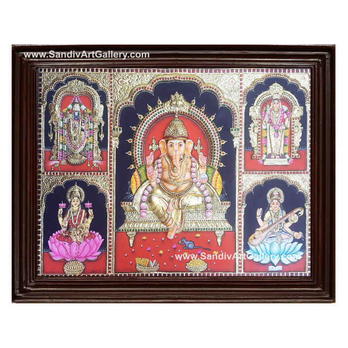 Ganesha Venkateshwara Lakshmi Saraswathi and Murugan- 5 God Panel 3D Embossed Tanjore Painting