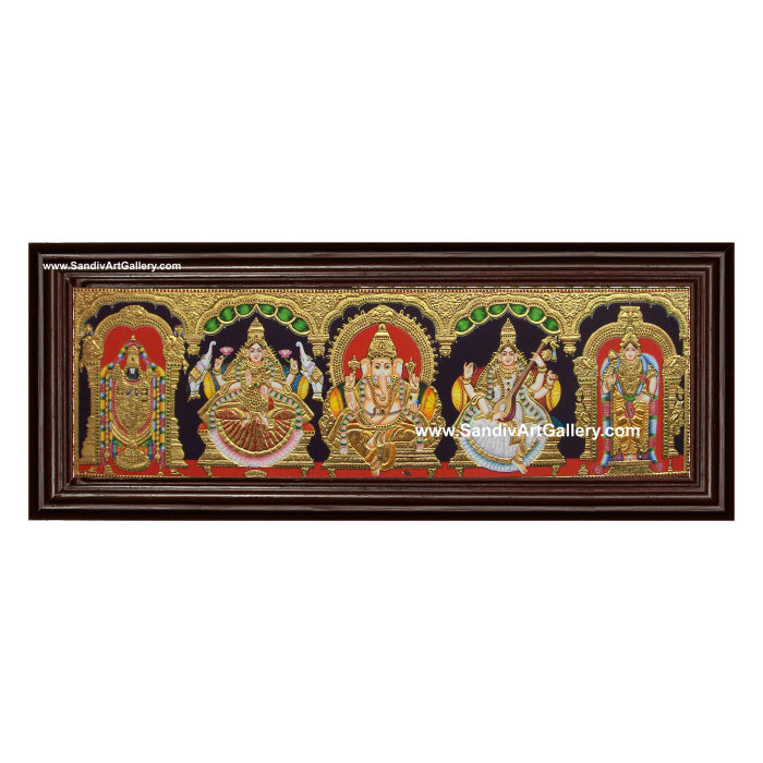 Vinayahar Lakshmi Saraswathi Venkateshwara and Subramanya Swamy- 5 Panel Pooja Tanjore Painting