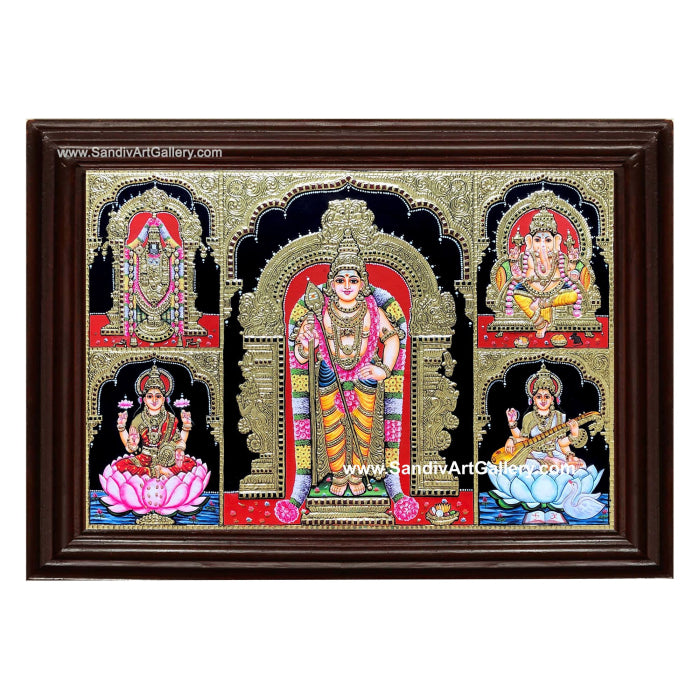 Murugan Vinayaka Balaji Lakshmi and Saraswathi- 5 God Panel Pooja Room Tanjore Painting