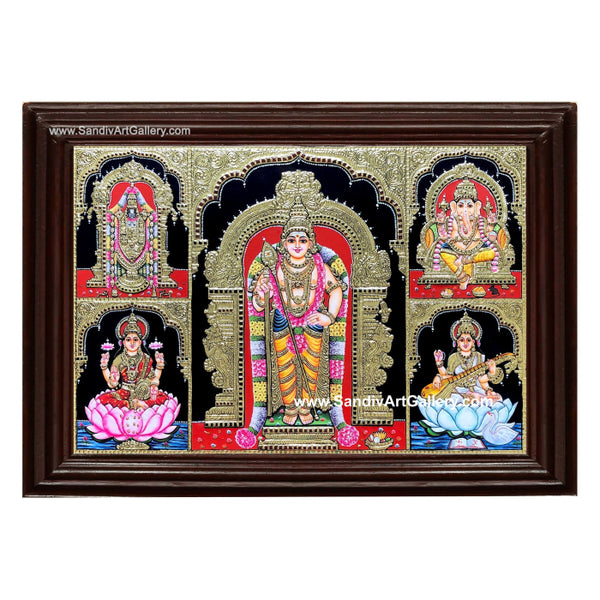 Murugan Vinayaka Balaji Lakshmi and Saraswathi- 5 God Panel Pooja Room Tanjore Painting
