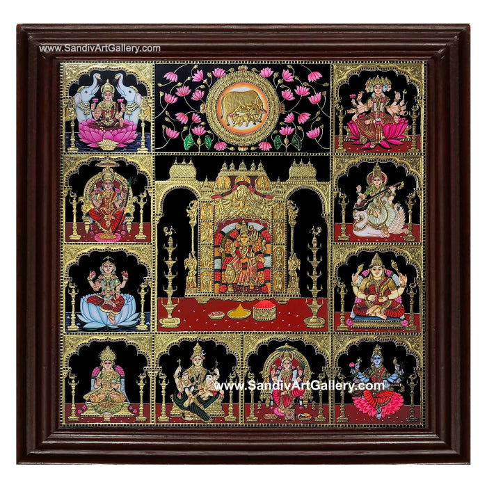 Customised Pooja Room Panel- Amman, Lakshmi, Kamachi, Balambiga, Annapoorni, Parvati, Lalithambigai, Shyamala Devi, Saraswati and Gayatri Devi Tanjore Painting