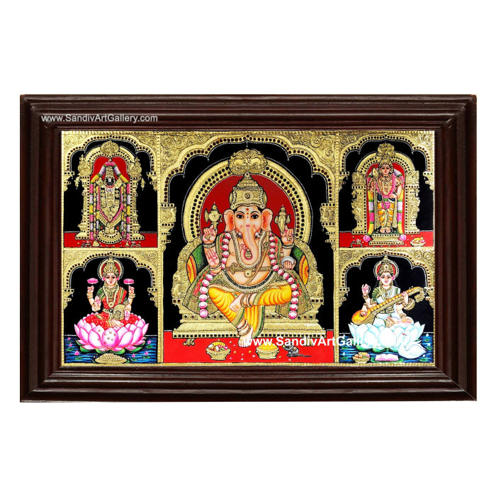 Vinayaka Balaji Lakshmi Saraswathi and Subramanya Swamy- Pooja Room Tanjore Painting