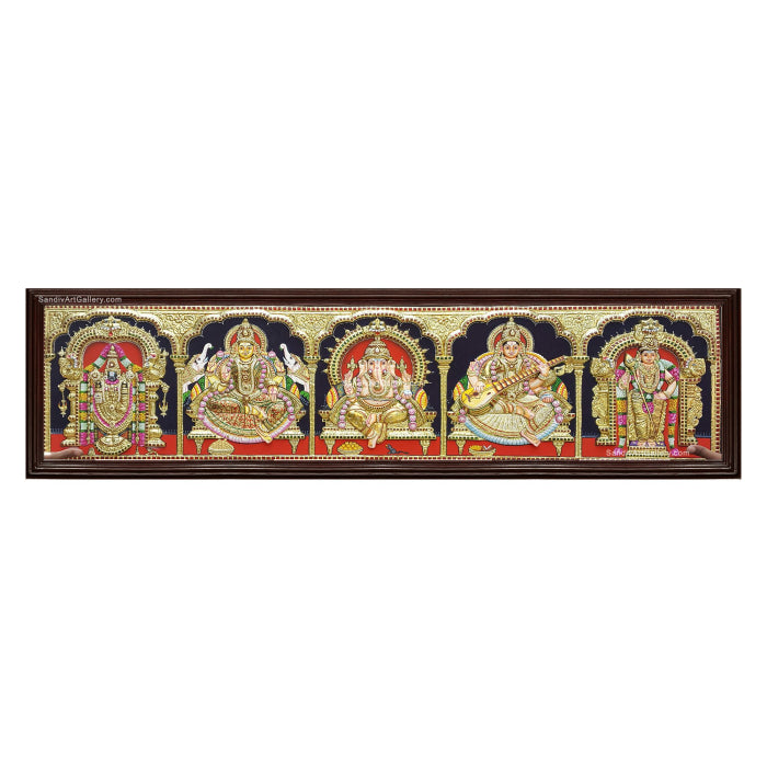 Vinayagar Lakshmi Balaji Saraswathi and Murugan- 5 Panel Pooja 3D Embossed Tanjore Painting