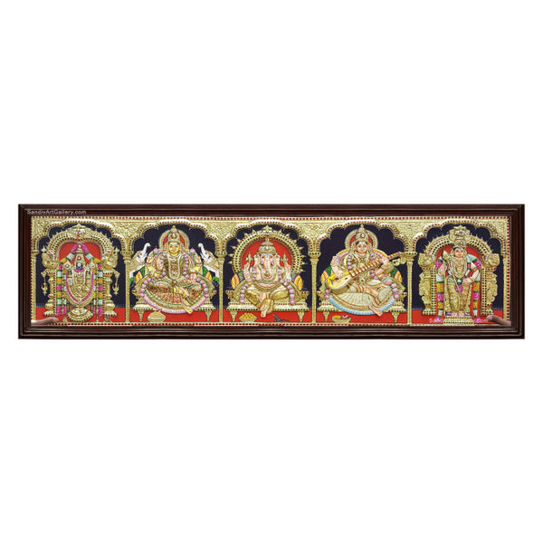 Vinayagar Lakshmi Balaji Saraswathi and Murugan- 5 Panel Pooja 3D Embossed Tanjore Painting