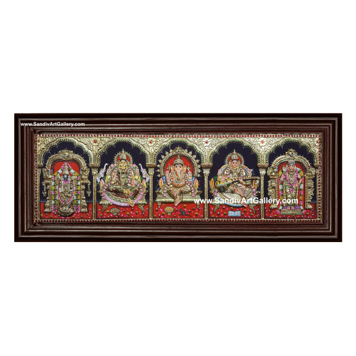 Ganesha Lakshmi Saraswati Venkateashwara and Subramanya Swamy- 5 Panel 3D Embossed Tanjore Painting