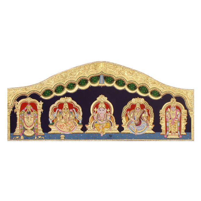 Ganesha Lakshmi Saraswati Venkateshwara and Subramanya Swamy - 5 Panel Tanjore Painting 1