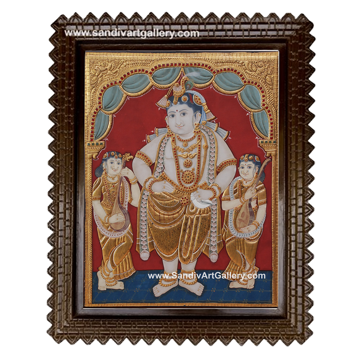 Antique Krishna with Bama and Rukmini Tanjore Painting