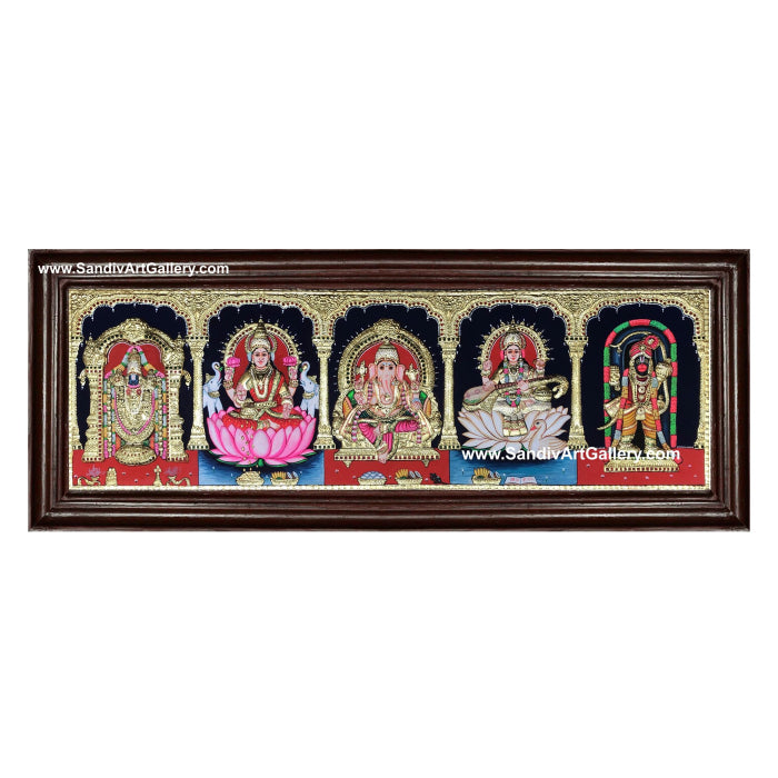 Vinayahar Balaji Lakshmi Saraswathi and Ashtamsa Anjaneyar- 5 Gods Semi Embossed Tanjore Painting