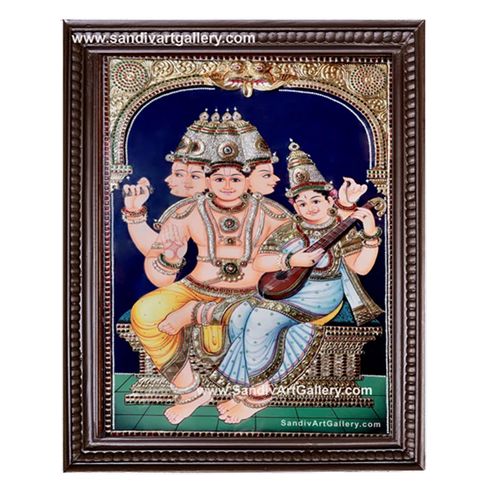 Brahma Saraswathi Semi Embossed Tanjore Painting