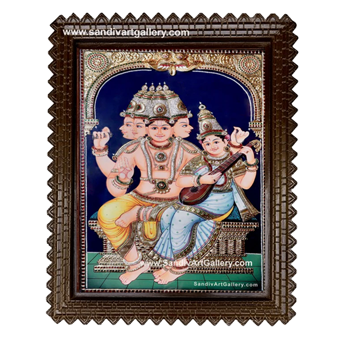 Brahma Saraswathi Semi Embossed Tanjore Painting