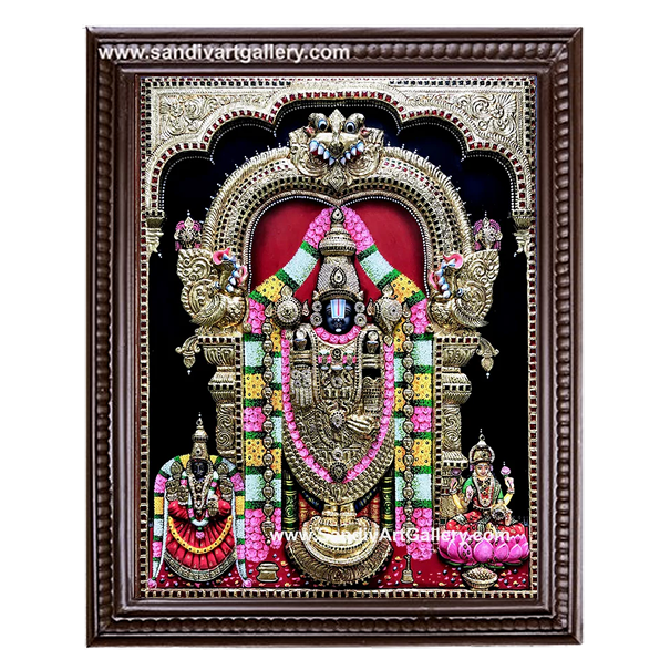 Balaji with alamelumanga and Lakshmi 3D Embossed Tanjore painting