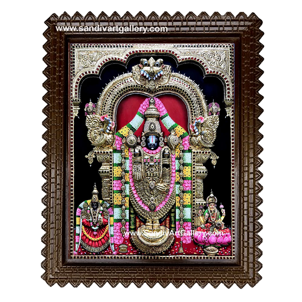Balaji with alamelumanga and Lakshmi 3D Embossed Tanjore painting