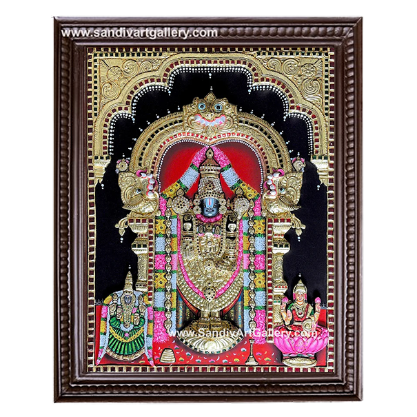 Balaji with Lakshmi and Thayar 3D Embossed Tanjore Painting