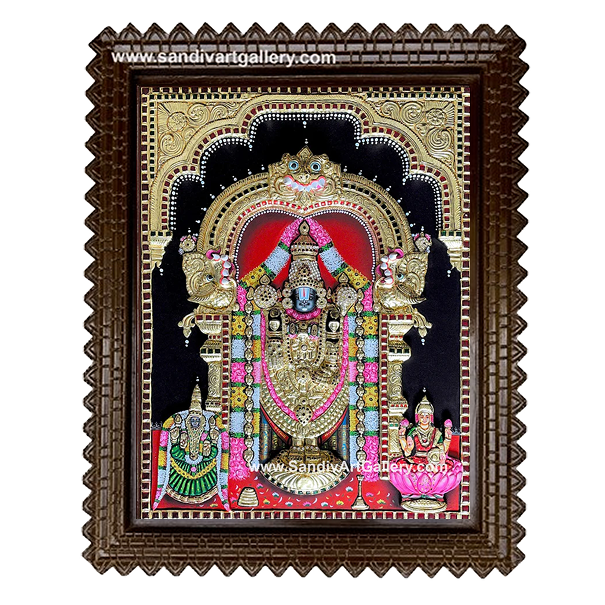 Balaji with Lakshmi and Thayar 3D Embossed Tanjore Painting