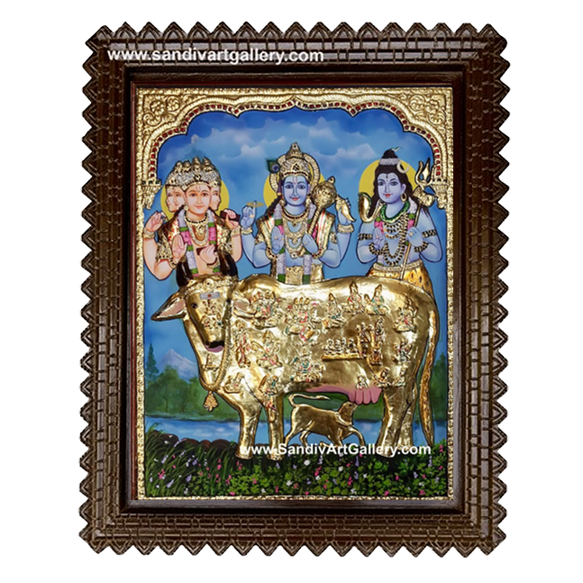 Komatha with Brahma Vishnu Shivan 2D Embossed Tanjore Painting