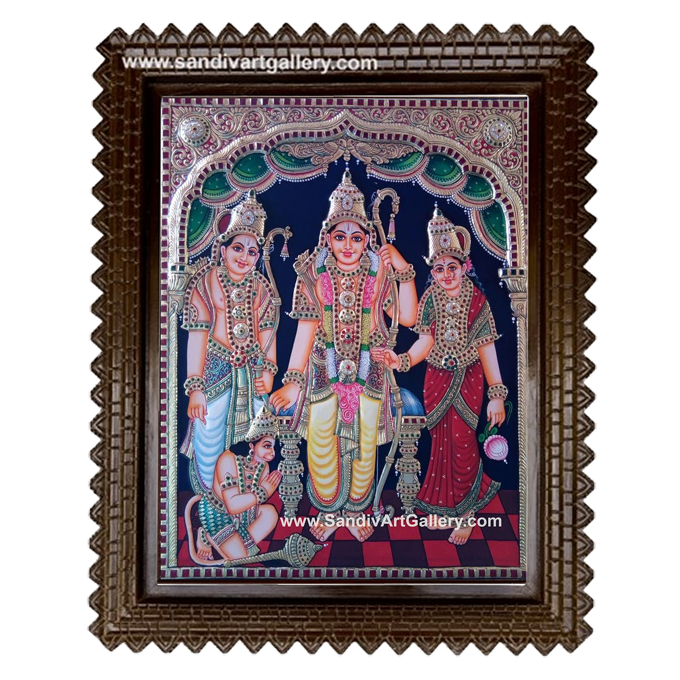 Ramar Sita Lakshmanan Hanuman Semi Embossed Tanjore Painting