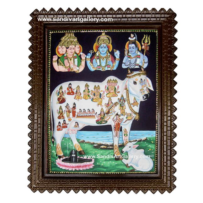 Komatha with Brahma Vishnu Shivan Semi Embossed Tanjore Painting