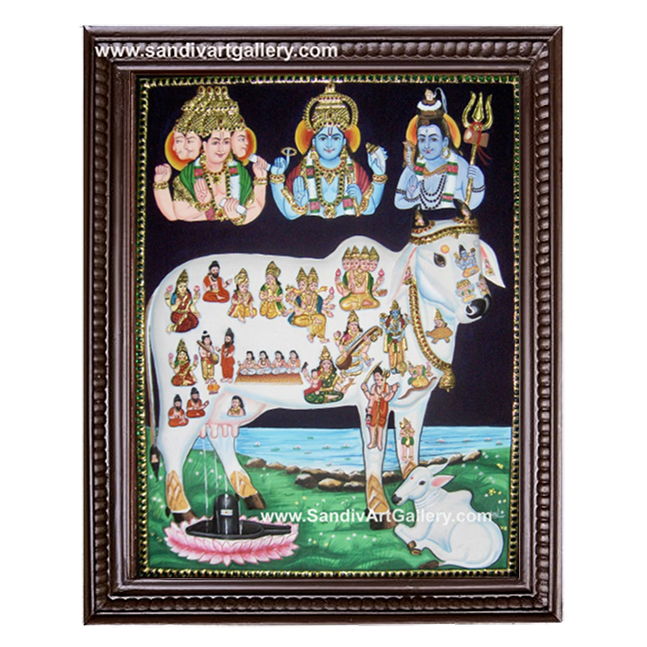 Komatha with Brahma Vishnu Shivan Semi Embossed Tanjore Painting