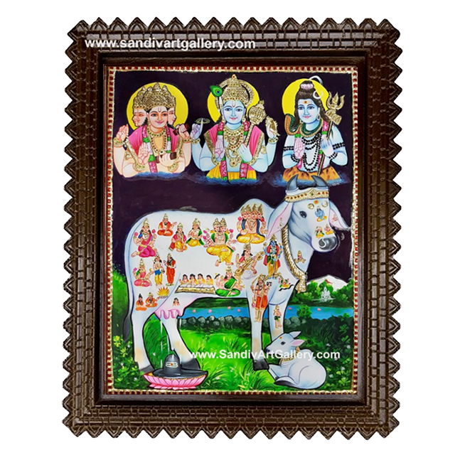 Gomatha with Brahma Vishnu Shivan 2D Embossed Tanjore Painting