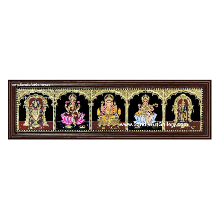 Vinayagar Lakshmi Saraswathi Venkateshwara and Raja Alankara Murugan- 5 God Panel Tanjore Painting