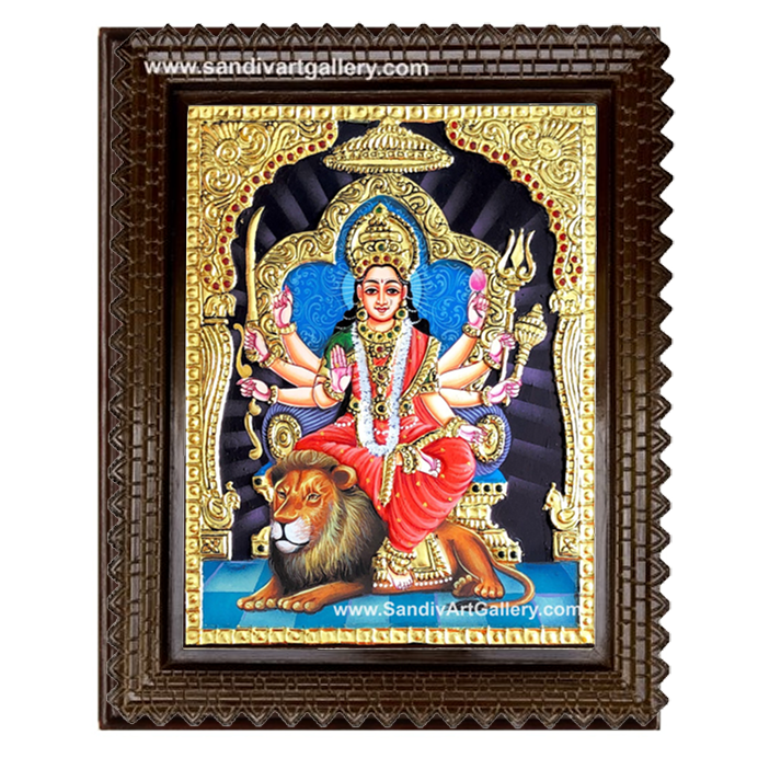 Durgai on lion Tanjore Painting