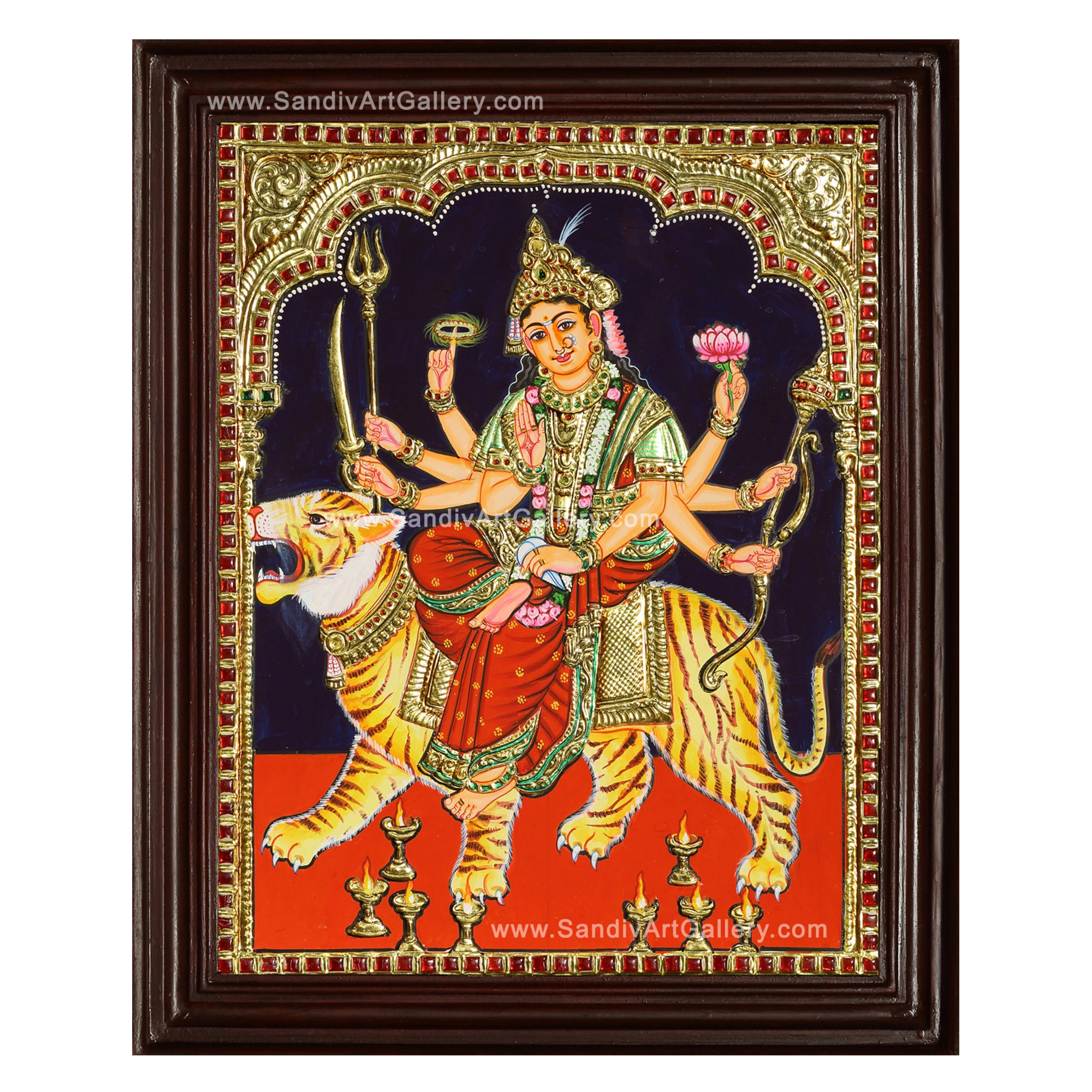 Authentic Durga Tanjore Painting  featuring real 22-karat gold foil embossing and vibrant colors within a teakwood frame.
