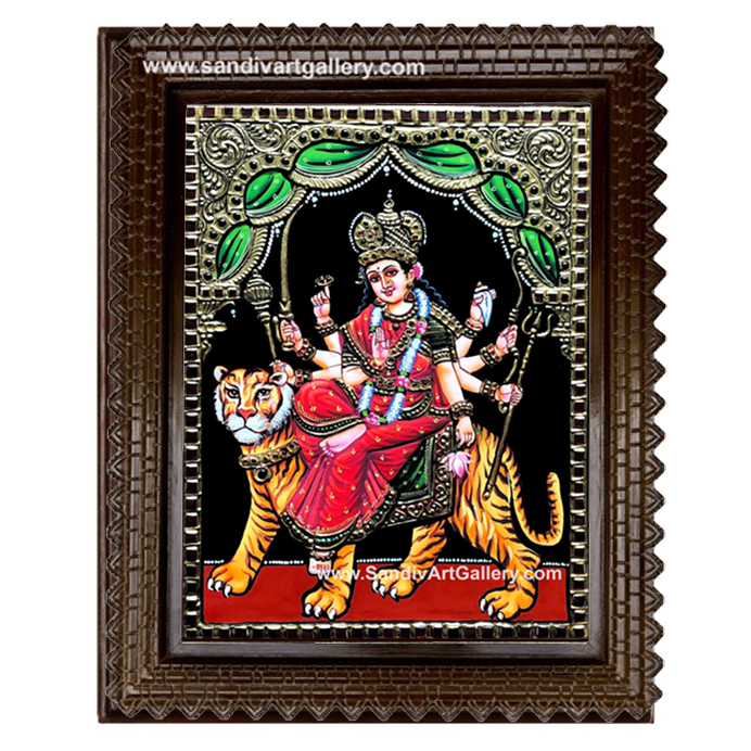 Durga on Tiger Tanjore Painting1