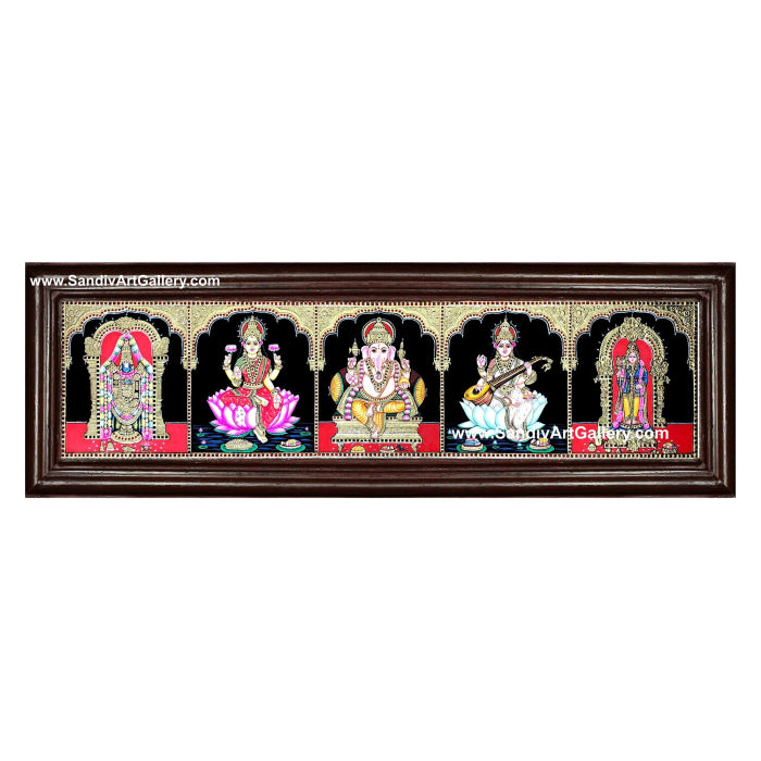 Balaji Lakshmi Saraswathi Vinayahar and Raja Alankara Murugan- 5 God Panel Tanjore Painting