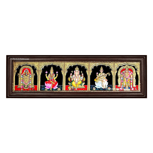Venkateshwara Lakshmi Devi Saraswathi Vinayagar and Subramanya Swamy- 5 God Panel Pooja Tanjore Painting