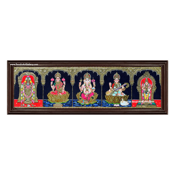 Vinayaka Lakshmi Saraswati Murugan and Venkateshwara- 5 God Panel Pooja Tanjore Painting