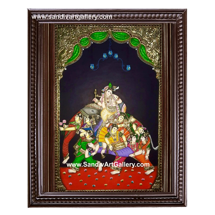Krishna Riding Gopi Elephant Semi Embossed Tanjore Painting