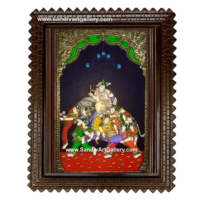 Krishna Riding Gopi Elephant Semi Embossed Tanjore Painting