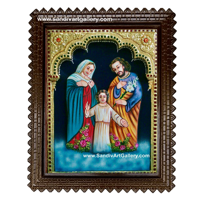 Mary Joseph and Jesus 3D Embossed Tanjore Painting