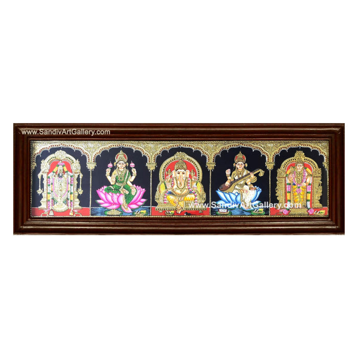 Balaji Lakshmi Saraswathi Vinayahar and Raja Alankara Murugan- 5 God Panel Tanjore Painting 1