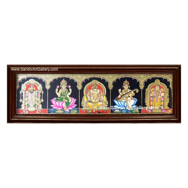 Balaji Lakshmi Saraswathi Vinayahar and Raja Alankara Murugan- 5 God Panel Tanjore Painting 1