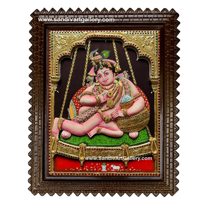 Krishna on Swing 3D Embossed Tanjore Painting
