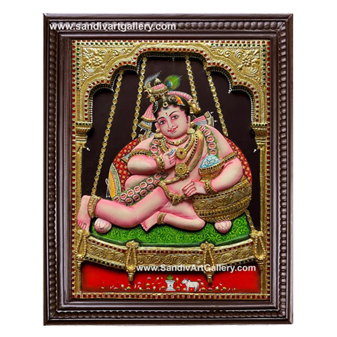 Krishna on Swing 3D Embossed Tanjore Painting
