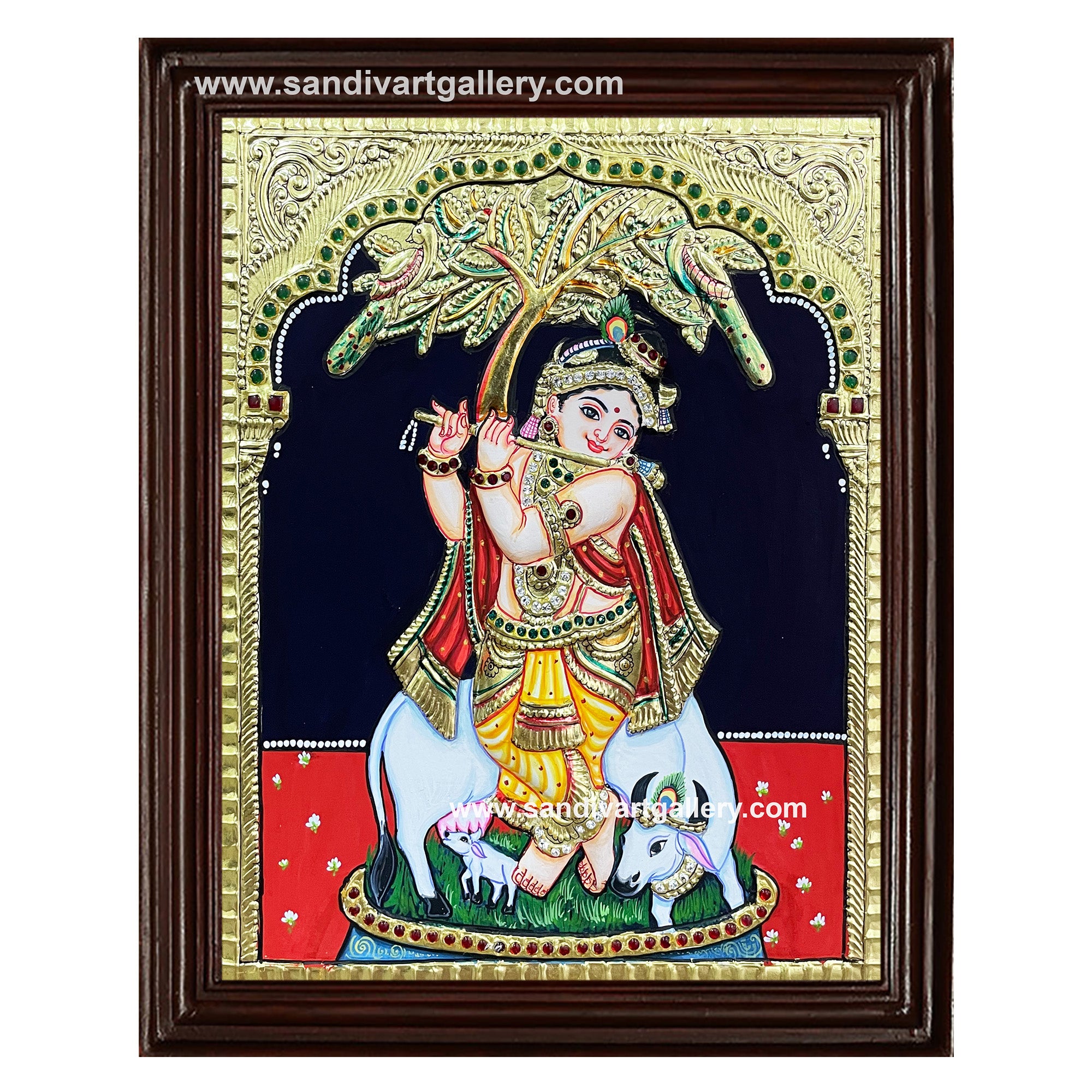 Krishna with Flute under a Tree Tanjore Painting