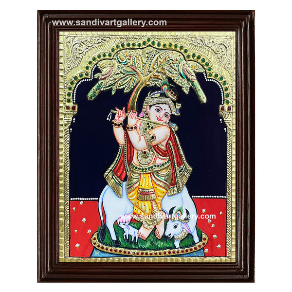 Krishna with Flute under a Tree Tanjore Painting