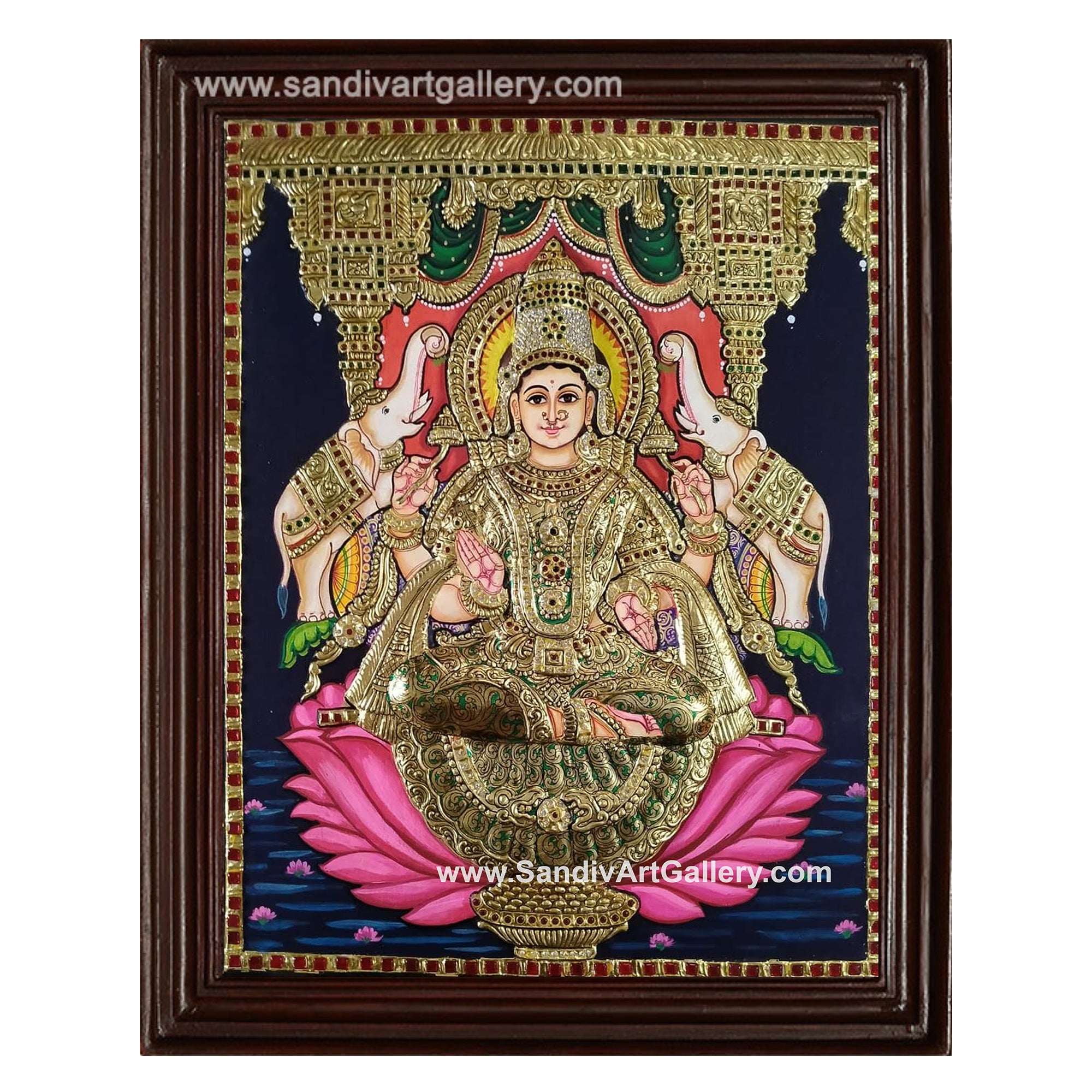 Gaja Lakshmi on Lotus Semi Embossed Tanjore Painting
